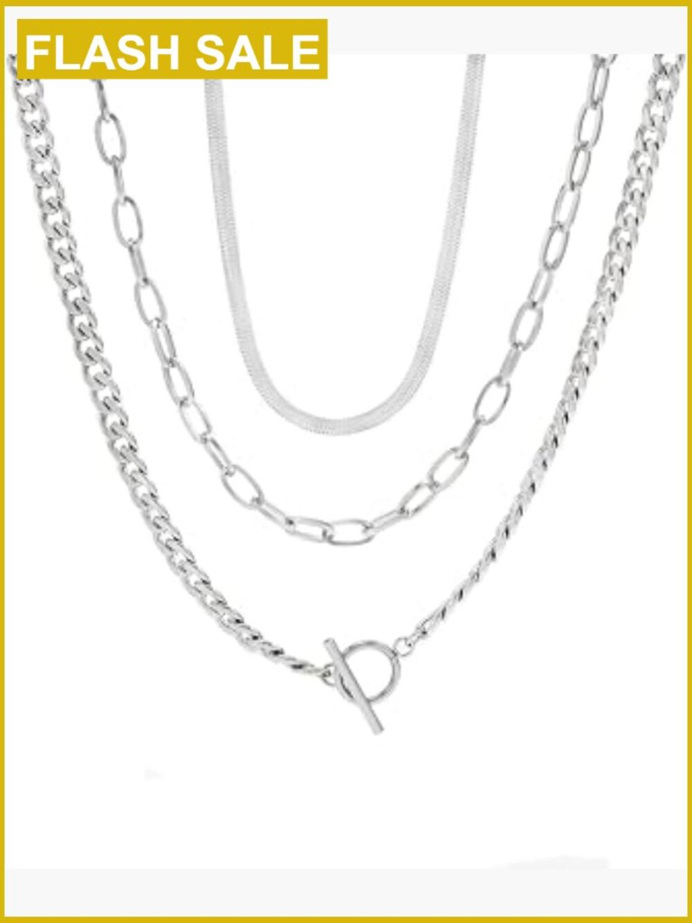 Layered Silver Necklace Set Women Trendy Chunky Chains Toggle Clasp Stack